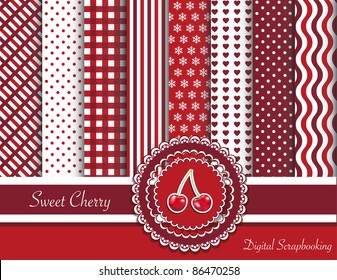 Digital scrapbooking ribbon swatches in red tones with rosette and sweet cherry sticker. EPS10 vector format.