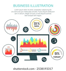 Digital screen displaying colorful analytic graphs and charts. Ideal for business analysis, data visualization, financial reporting, economic trends, and market research. Simple flat style