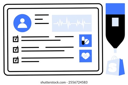 Digital screen displaying a medical profile with checklist and health data. Medical devices, medication icon, and heart icon visible. Ideal for health, medicine, technology, digital records