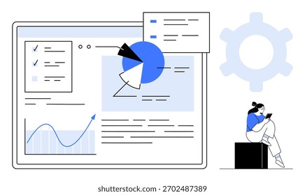 Digital screen displaying pie chart, line graph, and checklists. Person with tablet seated beside a large gear icon. Ideal for business analytics, data analysis, project management, tech blogs