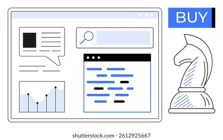 Digital screen displaying search bar, data analysis graph, text, and dialogue box. Chess knight and BUY button emphasize strategy and purchase actions. Ideal for digital marketing, e-commerce, data