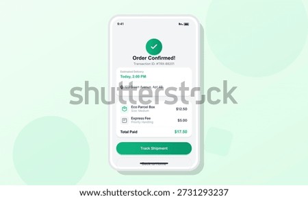 A digital screen displays an order confirmation with delivery details. The order is set for today at 2 PM and includes total costs and tracking options.
