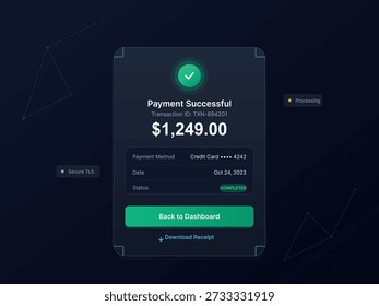A digital screen displays payment confirmation for transaction TXN-894201. The amount is $1249, payment method is a credit card, and the date is October 24 2023. The status shows completed.
