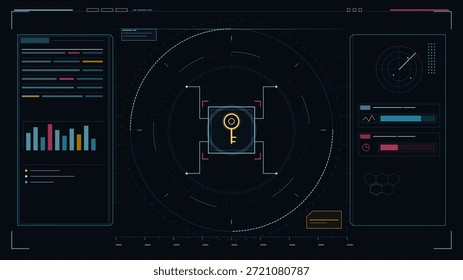 A digital screen displays a secure key symbol at the center with various data charts and controls surrounding it, highlighting security and data analysis.