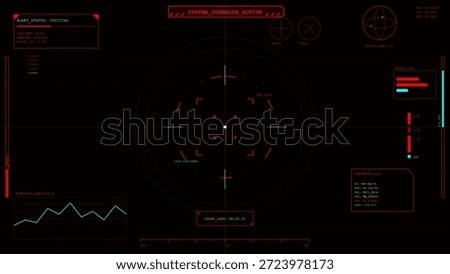 A digital screen displays system status and coordinates for mission analysis. The interface includes details like alert status, data tracking, and performance metrics.