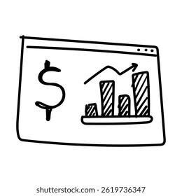 Digital screen displays upward profit trend. Doodle Icon Illustration