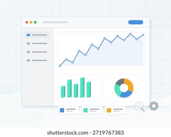 A digital screen displays various data visualizations, including line graphs, bar charts, and pie charts. This scene takes place in a workspace, highlighting growth trends.
