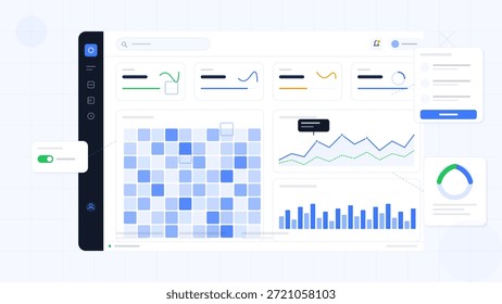 A digital screen displays various graphs, charts, and data visualizations. Users can interact with metrics and settings to analyze performance and trends.