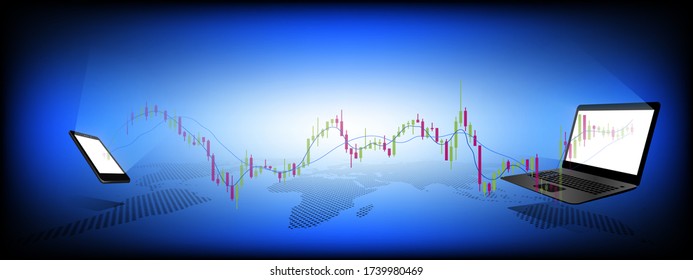 Digital screen with Forex stock economic trading graph promo page from laptop or notebook to mobile phone, concept financial investment chart to buy and sell exchange market analysis interface. 