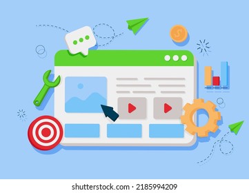 Ilustración de pantalla digital, reproductor de vídeo, galería, desarrollo, concepto de análisis de seo con elementos flotantes. Diseño de pancartas de desarrollo. Ilustración vectorial