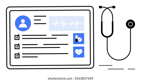 Digital screen with medical records, patient information, heartbeat graph, medication icons, and checklists. Nearby a stethoscope. Ideal for healthcare, medical records, digital health, telemedicine