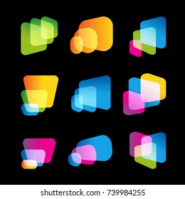 Digital screen of mobile device, bright vector logo set. Multitasking systems, big data bases, abstract forms, logo template. Cinema screen display icons collection, abstract stylized shapes.