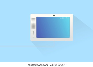 Digital screen mounted on the wall with long shadow.  Illustration of a smart display device installed in a smart home with a blue gradient background screen