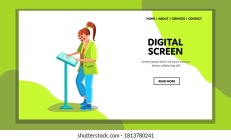 Digital Screen Pos Terminal Touching Girl Vector. Young Woman Using Self-service Kiosk Touch Sensitive Digital Screen. Character Client Computer Touchscreen Display Web Flat Cartoon Illustration