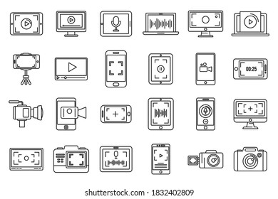 Digital screen recording icons set. Outline set of digital screen recording vector icons for web design isolated on white background