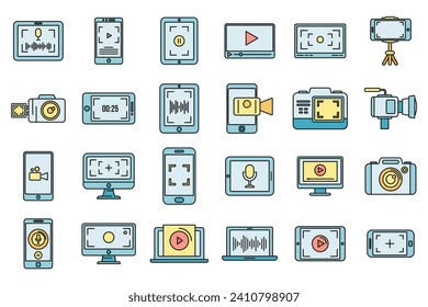 Digital screen recording icons set. Outline set of digital screen recording vector icons thin line color flat on white