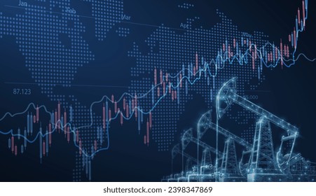 Pantalla digital que muestra gráficos financieros y campo de bombas de petróleo. Logro en el desarrollo del pozo, aumento del tanque, gestión de la demanda, energía de la gasolina cruda, comercio de gas en euros, concepto de aumento del precio del petróleo