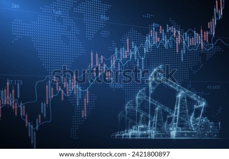 Digital screen showcasing financial chart graphs and oil pumps field. Achievement in well development, Tank rise, Management of demand, Crude petrol energy, Euro gas trade, Oil price increase concept