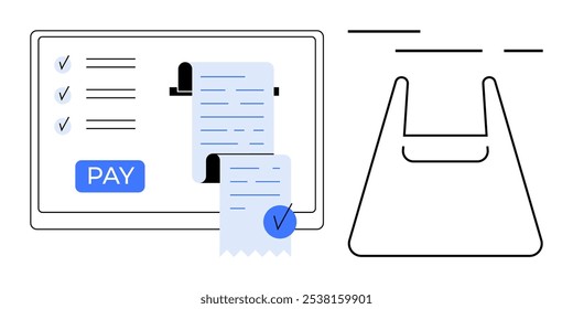 A digital screen showing a completed payment process with a receipt and a shopping bag outline. Ideal for e-commerce, online shopping, digital transactions, financial management, retail checkout