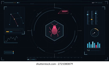 Uma tela digital mostra um bug identificado no software. Gráficos e pontos de dados diferentes são visíveis na interface, indicando a análise do problema.