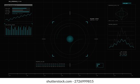 Uma tela digital mostra métricas e gráficos em linhas verdes e números. É tarde da noite em um laboratório de tecnologia. Diferentes pontos de dados são exibidos para análise e monitoramento.