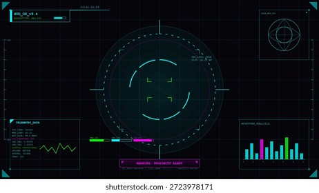 Una pantalla digital muestra señales de radar y puntos de datos, indicando información de telemetría y alertas. El diseño incluye gráficos, coordenadas y Actualizar de Estado.