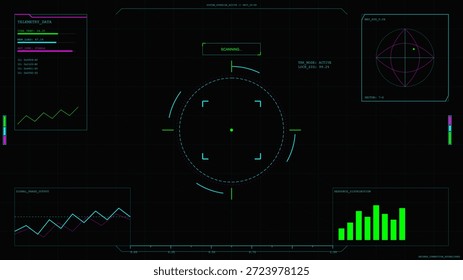 A digital screen shows a scanning process with telemetry data, graphs, and measurements. The interface has a futuristic design. Green lines and text stand out against a dark background.