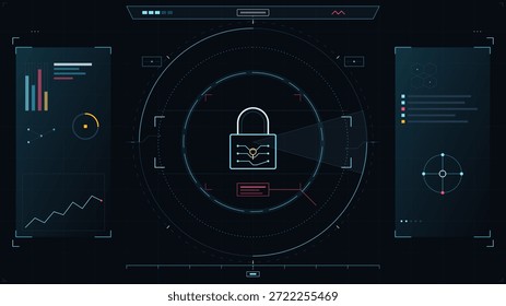 Una pantalla digital muestra información de seguridad con un símbolo de bloqueo en el centro. Gráficos y gráficos aparecen a cada lado, indicando tendencias de datos y análisis. El diseño presenta círculos y líneas.