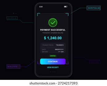 A digital screen shows a successful payment notification. It includes transaction ID, date, and payment method. Designed to highlight secure financial transactions effectively.