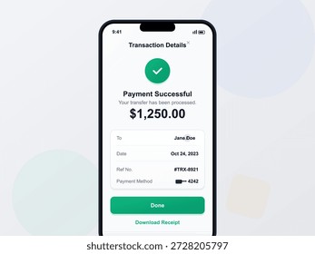 A digital screen shows a successful payment message for a transfer amount of $1250. The transaction is confirmed with a green check mark and details of the recipient.
