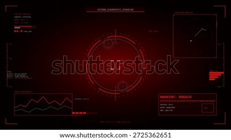 A digital screen shows system diagnostics with red alerts. Data graphs and coordinates are visible. The interface indicates a security breach and system override status.