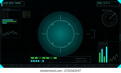 Uma tela digital mostra o status do sistema como normal com as informações de fluxo de dados. A exibição inclui gráficos e indicadores para monitorar recursos e processar dados.