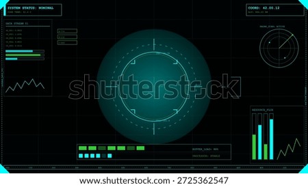 A digital screen shows system status as normal with data stream information. The display includes graphs and indicators for monitoring resource and processing data.