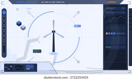 Una pantalla digital muestra una turbina eólica en el centro con puntos de datos a su alrededor. Gráficos y estadísticas son visibles como un brazo robótico interactúa con el modelo de turbina.