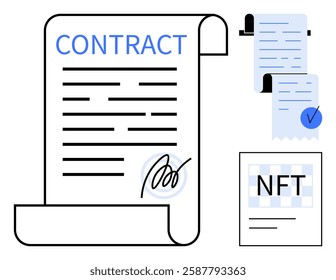 Digital scroll labeled Contract with signature, alongside an agreement featuring a checkmark and an NFT document. Ideal for digital agreements, blockchain technology, authenticity, legal documents