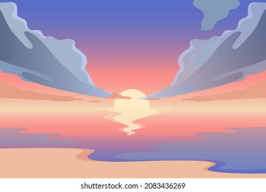 Digital sea landscape with sunset and clouds on the sky