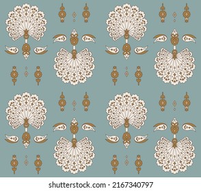 Digital seamless batik pattern vector in blue background. Oriental block printing Ajrakh art wallpaper