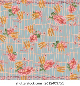 Digital seamless bouquet of leaves pattern block print batik vector ajrakh
