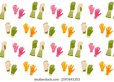 A digital seamless pattern with colorful gardening gloves in pink, yellow, and green shades, great for print and design projects.