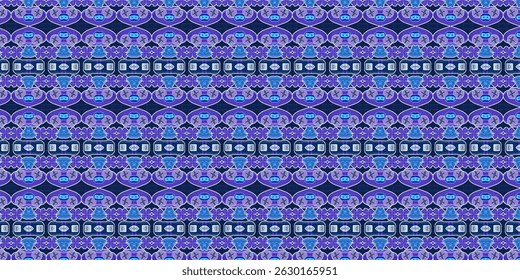 Digital seamless pattern design with blue-purple ninja and samurai icons arranged in symmetrical rows.