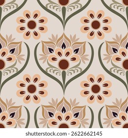 Digital seamless pattern, Floral shapes geometrical motifs background. Digital abstract botanic repeat wallpaper.Seamless pattern anthemion damask wallpaper illustration.floral pattern in deep pastel.