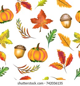 Digital seamless pattern of illustration and vector of traditional thanksgiving harvest plant, pumpkin, acorn, maple leaves, and forest leaves