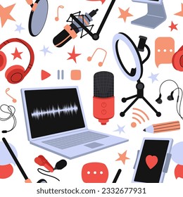 Digital seamless pattern, laptop tablet and microphone. Streaming service technology print, broadcast or live radio show. Decent vector tech background