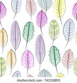 Digital seamless pattern of vector and illustration of hand drawing leaves in pastel color and watercolor painting style pattern, pink, green, purple, blue, orange, yellow color fallen leaves
