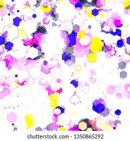 Digital seamless texture from blots and hexagons. Pink, blue, yellow, white colors. Abstract vector background.