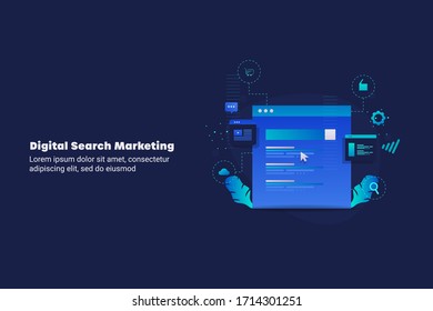 Digital search, Search engine ranking, Search engine result page, SERP concept - vector illustration with icons