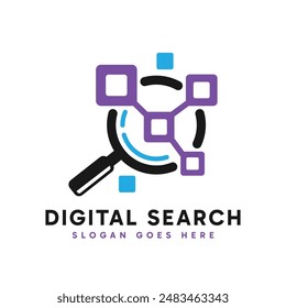 Digital Search logo design. Abstract magnifying glass combined with digital and tech element. Vector logo illustration.