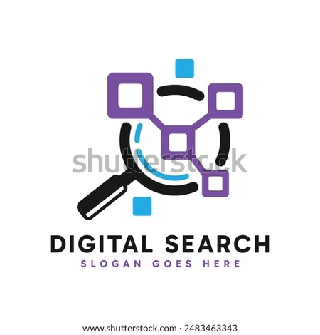 Digital Search logo design. Abstract magnifying glass combined with digital and tech element. Vector logo illustration.