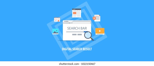 Digital search results, Search engine optimization, Digital media marketing flat vector illustration