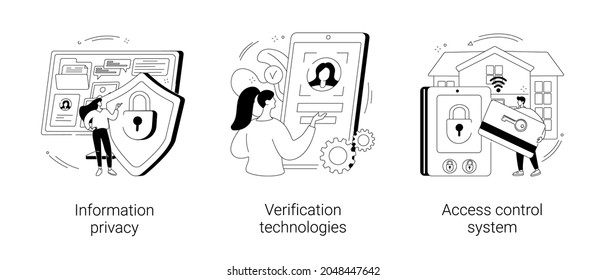 Digital security abstract concept vector illustration set. Information privacy, verification technologies, access control system, data access, user password, social media account abstract metaphor.